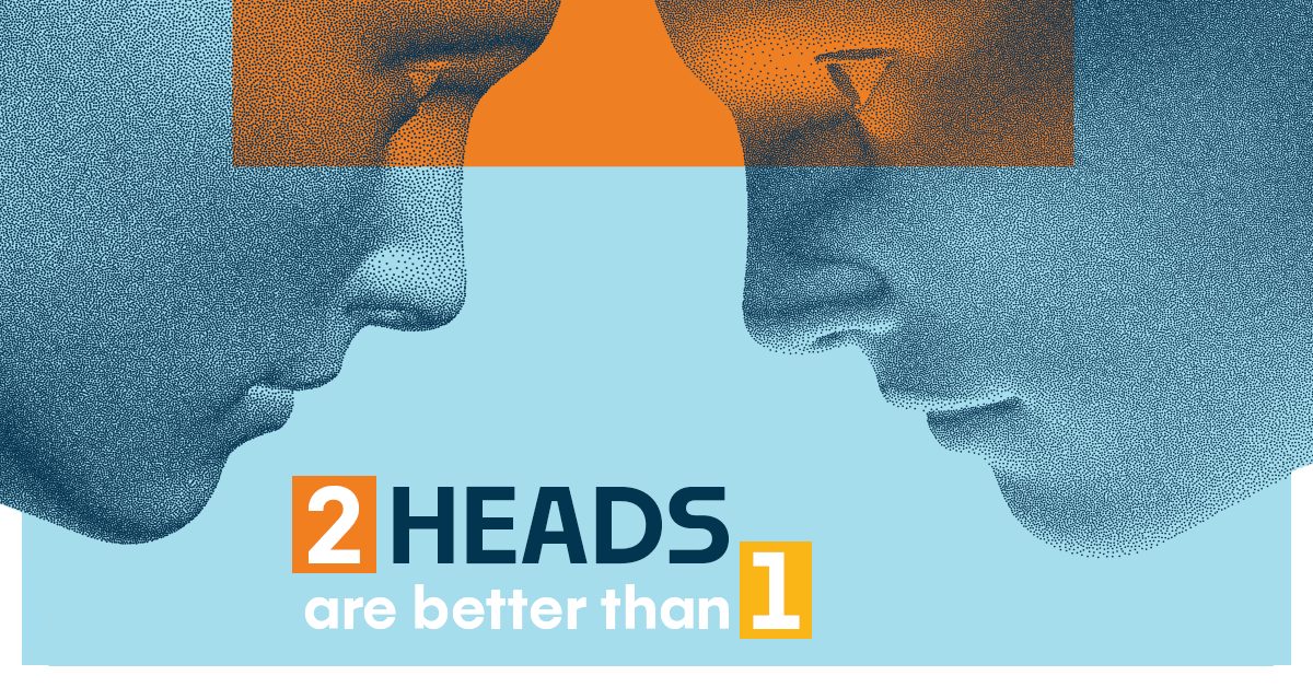 Two faces, heads close together, on a blue background, with an overlay title saying 'Two Heads Are Better Than One'